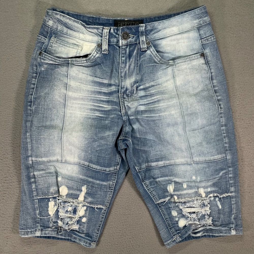 Encrypted Men's Distressed Denim Shorts Size 32 Light Wash Stretch Biker Y2K - Picture 1 of 11